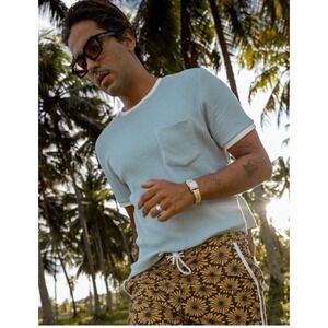 Dandy Del Mar Cannes Mens XXL Waffle Knit Ringer Tee Gulf Blue Pocket T-Shirt